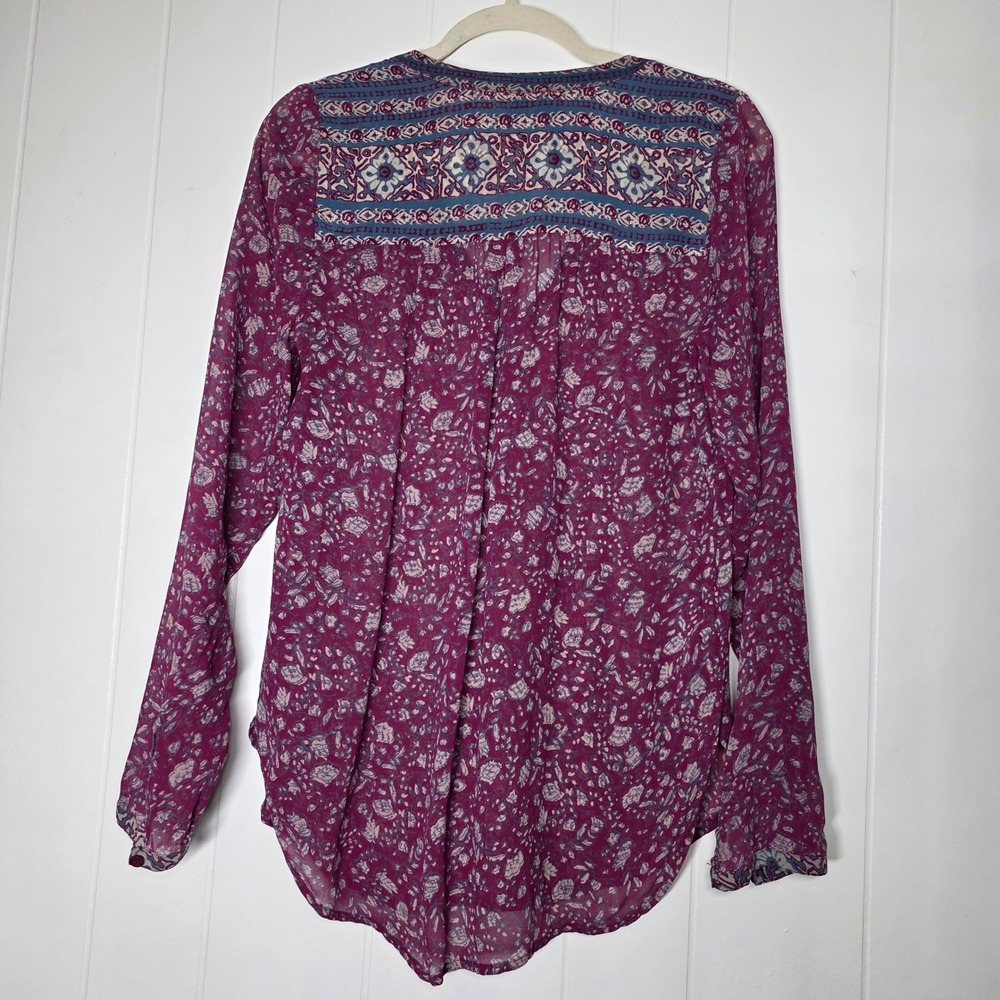 Lucky Brand Floral Boho Blouse Small Magenta Purple Blue Henley Chiffon Top - Picture 2 of 9